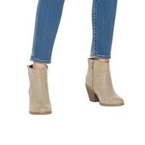 Jessica Cline Tan Suede Western Ankle Boots Womens 8M Block Heel Side Zip Casual